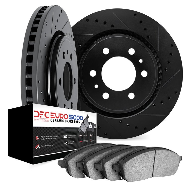 8602-47015 Drilled/Slotted Brake Rotors w/5000 Euro Ceramic Brake Pads Kit [Black], 2015-2020 GM, Position: Front