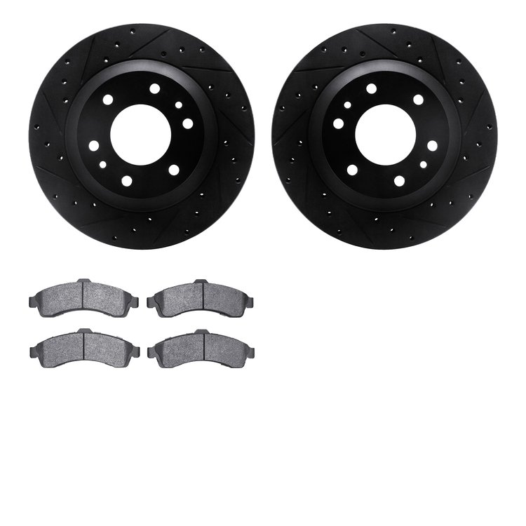 8602-48001 Drilled/Slotted Brake Rotors w/5000 Euro Ceramic Brake Pads Kit [Black], 2002-2005 GM, Position: Front