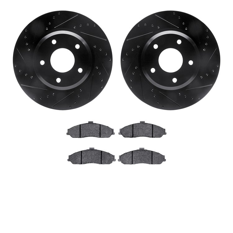 8602-52002 Drilled/Slotted Brake Rotors w/5000 Euro Ceramic Brake Pads Kit [Black], 2005-2006 GM, Position: Front