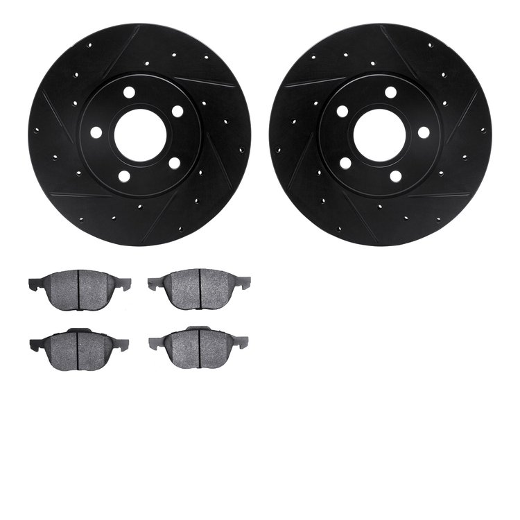 8602-54020 Drilled/Slotted Brake Rotors w/5000 Euro Ceramic Brake Pads Kit [Black], 2012-2018 Multiple Makes/Models, Position: F