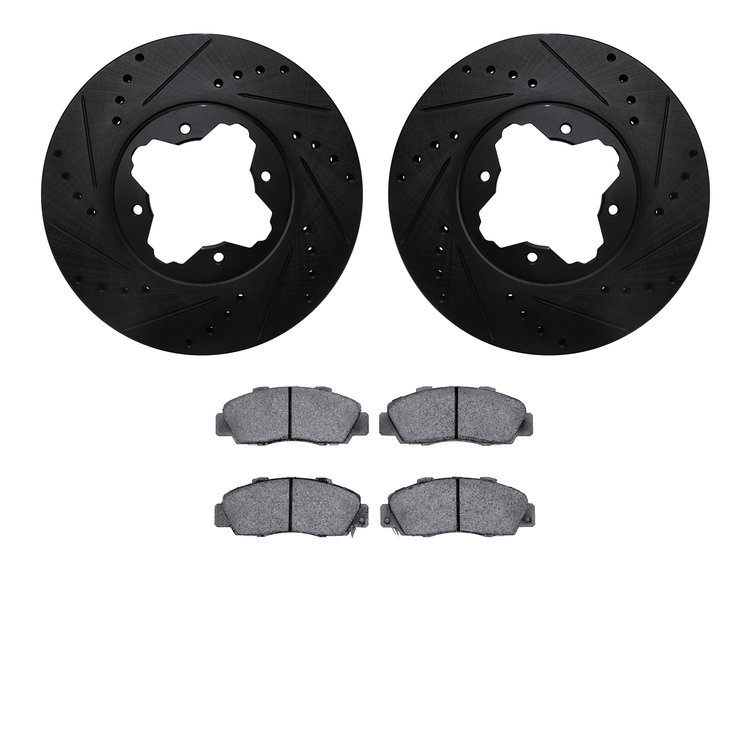 8602-59000 Drilled/Slotted Brake Rotors w/5000 Euro Ceramic Brake Pads Kit [Black], 1991-1997 Acura/Honda, Position: Front