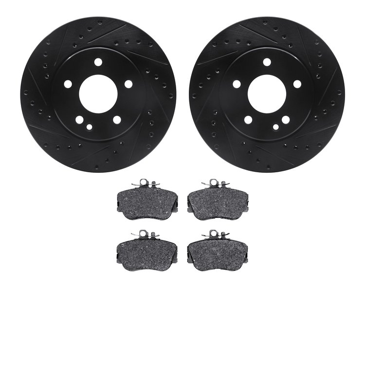 8602-63000 Drilled/Slotted Brake Rotors w/5000 Euro Ceramic Brake Pads Kit [Black], 1994-1997 Mercedes-Benz, Position: Front