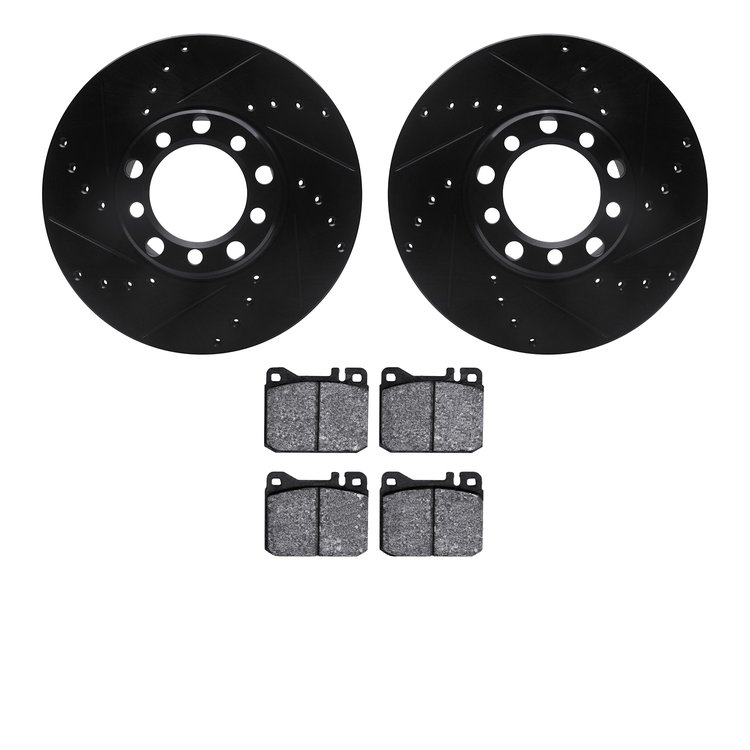 8602-63009 Drilled/Slotted Brake Rotors w/5000 Euro Ceramic Brake Pads Kit [Black], 1972-1979 Mercedes-Benz, Position: Front