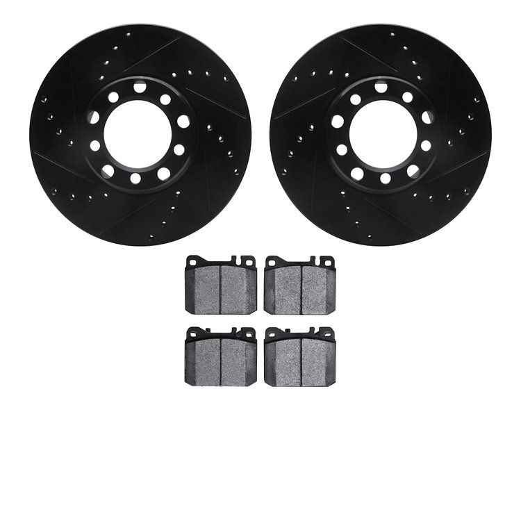8602-63010 Drilled/Slotted Brake Rotors w/5000 Euro Ceramic Brake Pads Kit [Black], 1979-1980 Mercedes-Benz, Position: Front