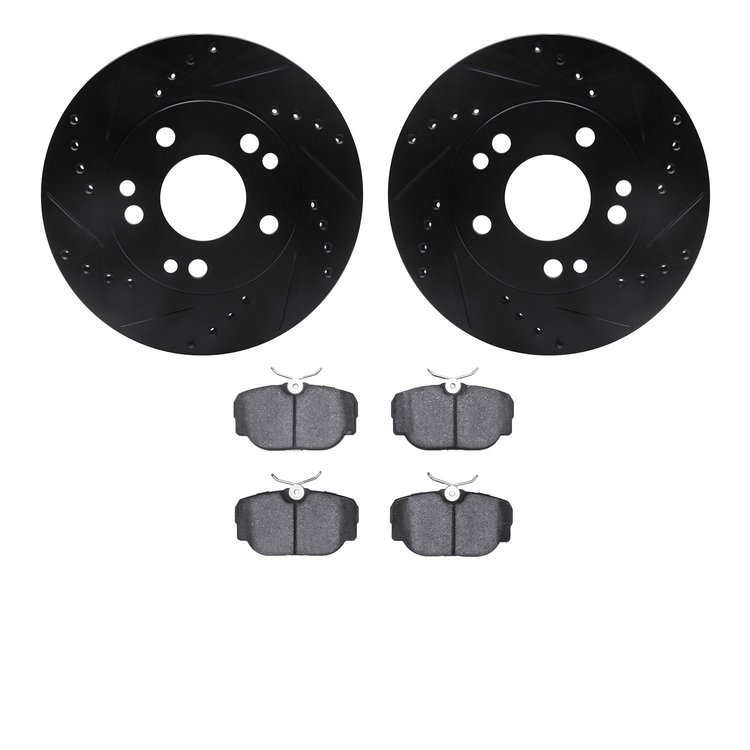 8602-63013 Drilled/Slotted Brake Rotors w/5000 Euro Ceramic Brake Pads Kit [Black], 1987-1993 Mercedes-Benz, Position: Front