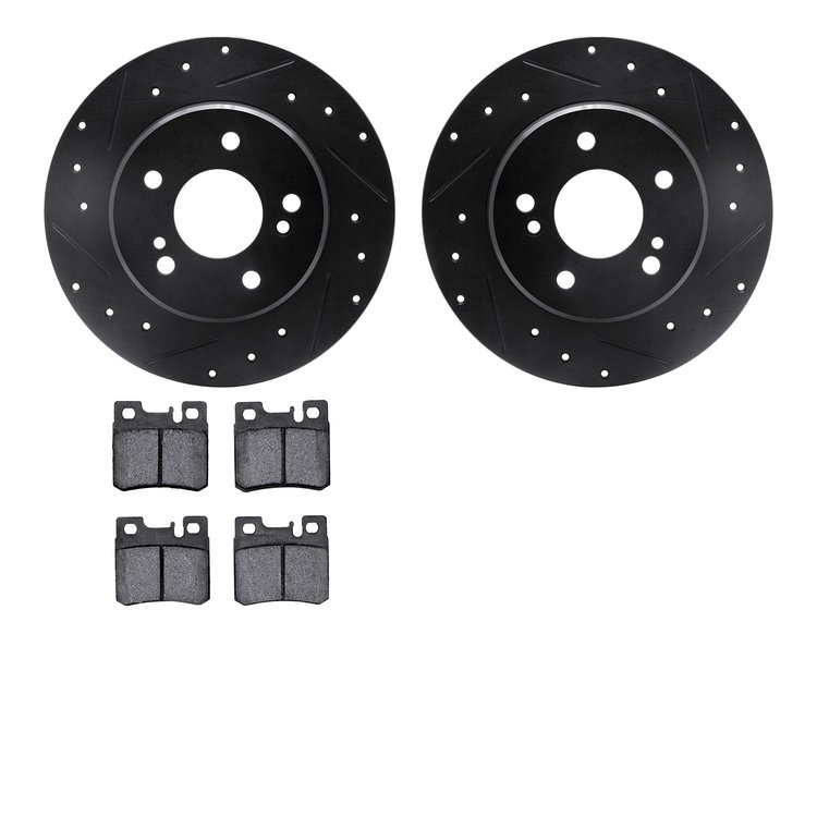 8602-63014 Drilled/Slotted Brake Rotors w/5000 Euro Ceramic Brake Pads Kit [Black], 1987-2000 Mercedes-Benz, Position: Rear