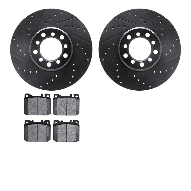8602-63021 Drilled/Slotted Brake Rotors w/5000 Euro Ceramic Brake Pads Kit [Black], 1985-1991 Mercedes-Benz, Position: Front