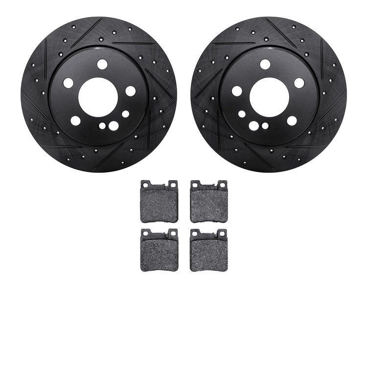 8602-63025 Drilled/Slotted Brake Rotors w/5000 Euro Ceramic Brake Pads Kit [Black], 1991-1999 Mercedes-Benz, Position: Rear