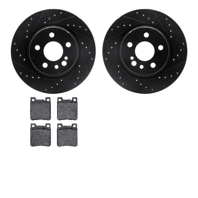 8602-63026 Drilled/Slotted Brake Rotors w/5000 Euro Ceramic Brake Pads Kit [Black], 1992-1999 Mercedes-Benz, Position: Rear