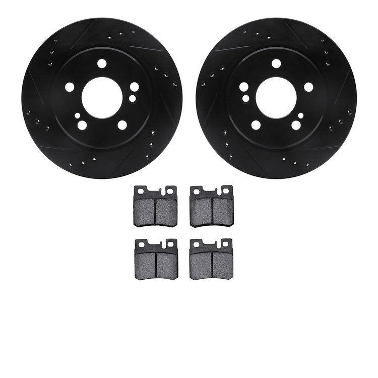 8602-63027 Drilled/Slotted Brake Rotors w/5000 Euro Ceramic Brake Pads Kit [Black], 1992-1994 Mercedes-Benz, Position: Rear