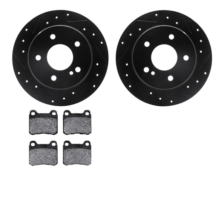 8602-63029 Drilled/Slotted Brake Rotors w/5000 Euro Ceramic Brake Pads Kit [Black], 1994-1995 Mercedes-Benz, Position: Rear