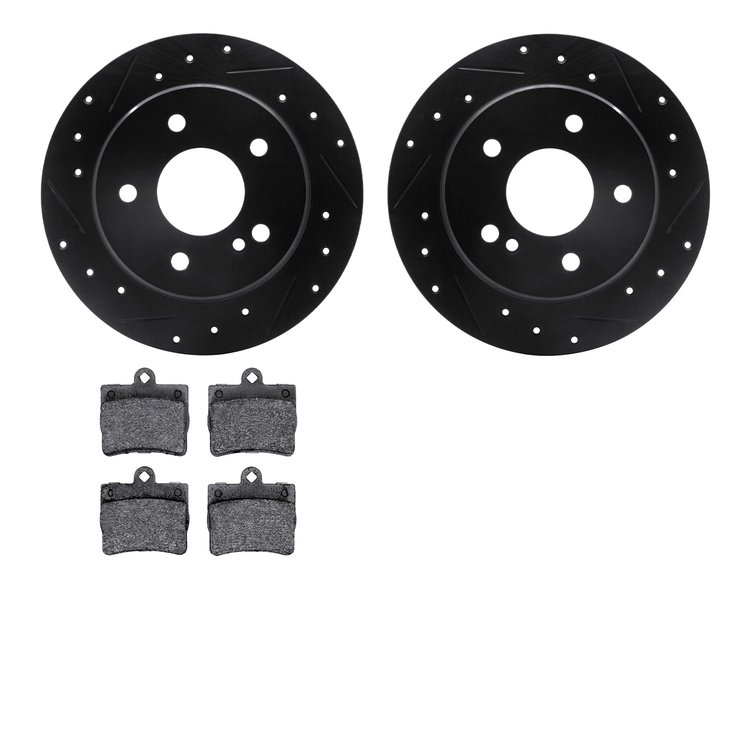 8602-63031 Drilled/Slotted Brake Rotors w/5000 Euro Ceramic Brake Pads Kit [Black], 1994-1998 Mercedes-Benz, Position: Rear
