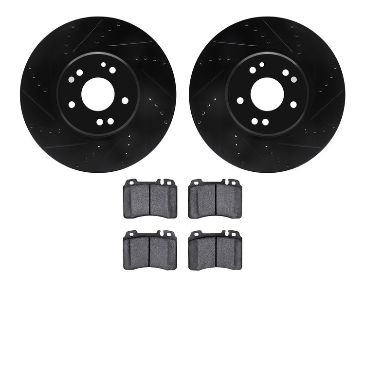 8602-63032 Drilled/Slotted Brake Rotors w/5000 Euro Ceramic Brake Pads Kit [Black], 1994-2002 Mercedes-Benz, Position: Front