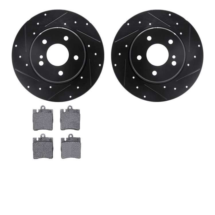 8602-63036 Drilled/Slotted Brake Rotors w/5000 Euro Ceramic Brake Pads Kit [Black], 1996-2011 Mercedes-Benz, Position: Rear