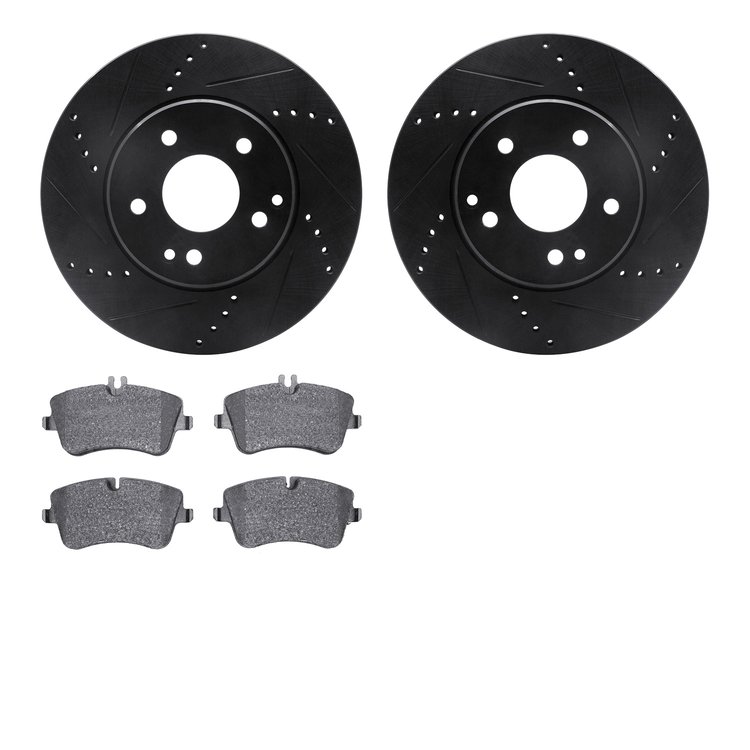 8602-63044 Drilled/Slotted Brake Rotors w/5000 Euro Ceramic Brake Pads Kit [Black], 2001-2015 Mercedes-Benz, Position: Front