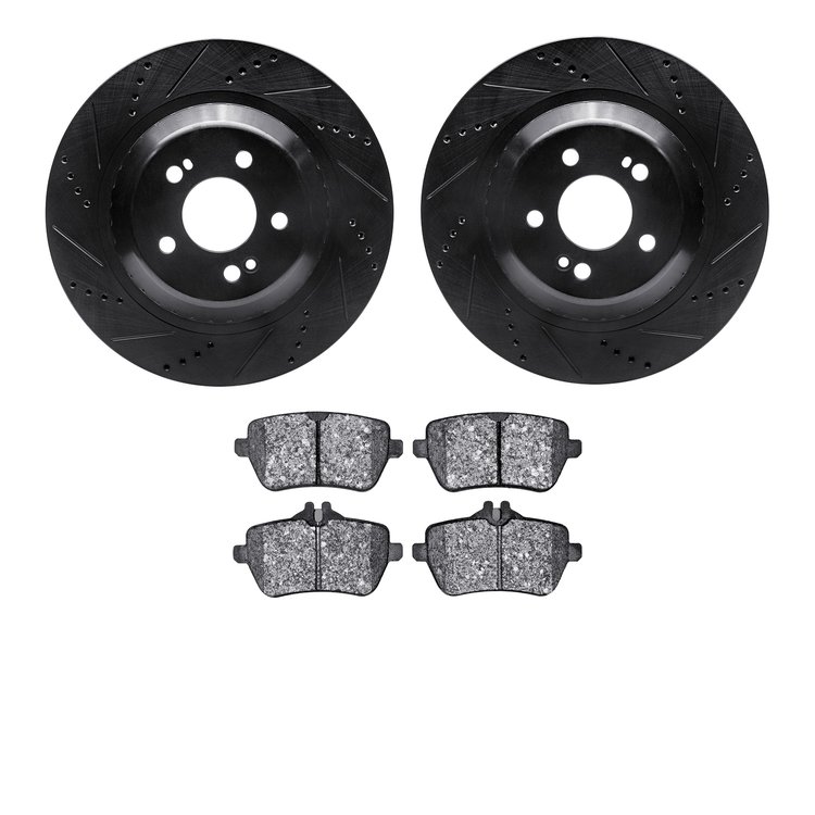 8602-63058 Drilled/Slotted Brake Rotors w/5000 Euro Ceramic Brake Pads Kit [Black], 2014-2021 Mercedes-Benz, Position: Rear