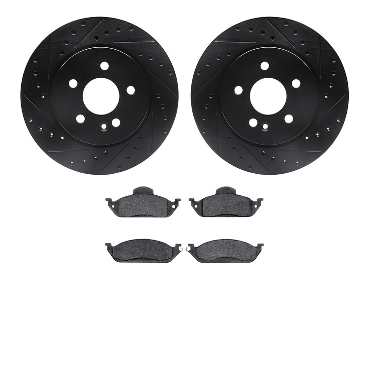 8602-63064 Drilled/Slotted Brake Rotors w/5000 Euro Ceramic Brake Pads Kit [Black], 1998-2005 Mercedes-Benz, Position: Front