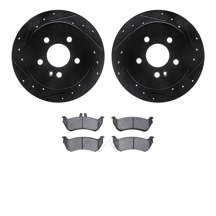 8602-63065 Drilled/Slotted Brake Rotors w/5000 Euro Ceramic Brake Pads Kit [Black], 1998-2005 Mercedes-Benz, Position: Rear