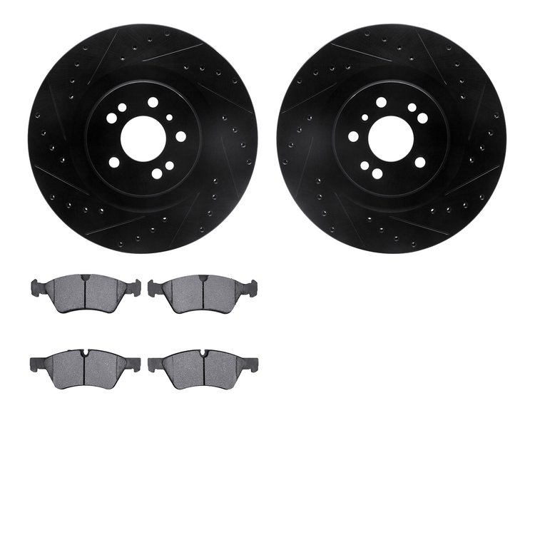 8602-63069 Drilled/Slotted Brake Rotors w/5000 Euro Ceramic Brake Pads Kit [Black], 2006-2012 Mercedes-Benz, Position: Front