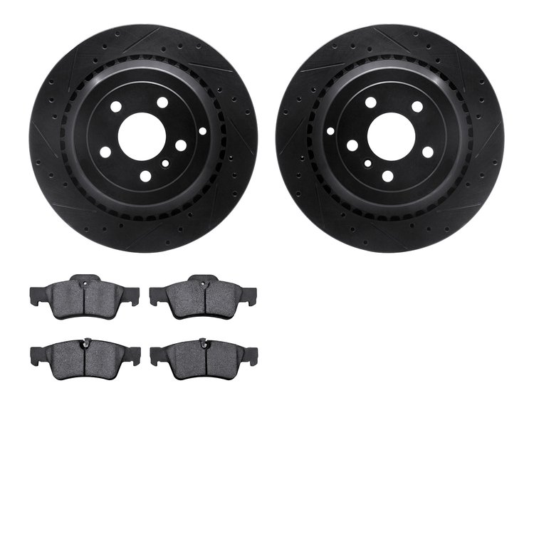8602-63070 Drilled/Slotted Brake Rotors w/5000 Euro Ceramic Brake Pads Kit [Black], 2006-2012 Mercedes-Benz, Position: Rear