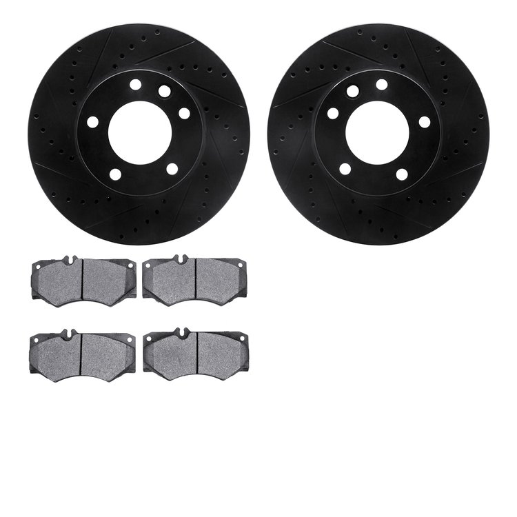 8602-63071 Drilled/Slotted Brake Rotors w/5000 Euro Ceramic Brake Pads Kit [Black], 2008-2018 Mercedes-Benz, Position: Front