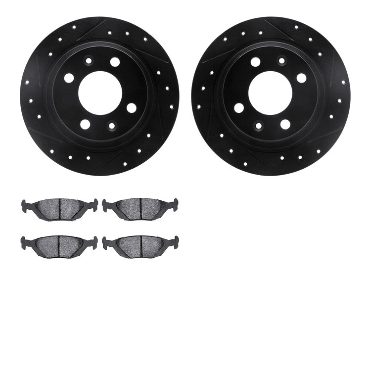 8602-65005 Drilled/Slotted Brake Rotors w/5000 Euro Ceramic Brake Pads Kit [Black], 1986-1998 GM, Position: Rear