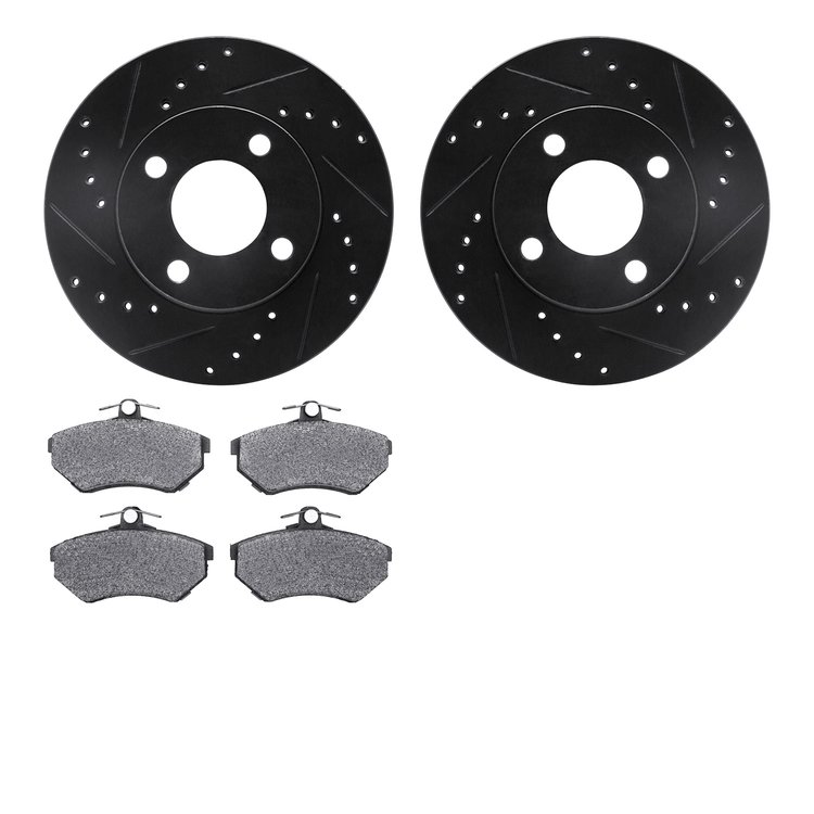 8602-73001 Drilled/Slotted Brake Rotors w/5000 Euro Ceramic Brake Pads Kit [Black], 1980-1992 Audi/Volkswagen, Position: Front