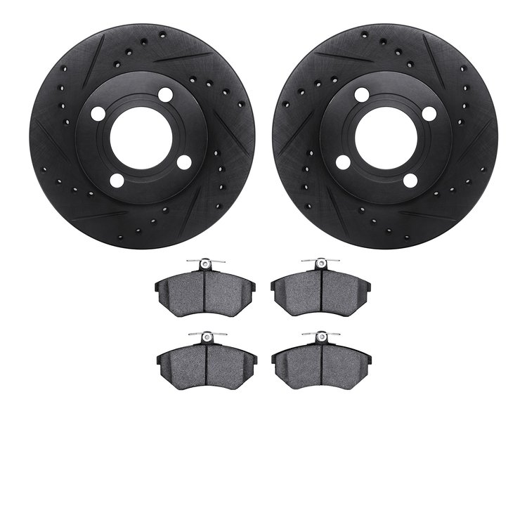 8602-73006 Drilled/Slotted Brake Rotors w/5000 Euro Ceramic Brake Pads Kit [Black], 1984-1987 Audi/Volkswagen, Position: Front