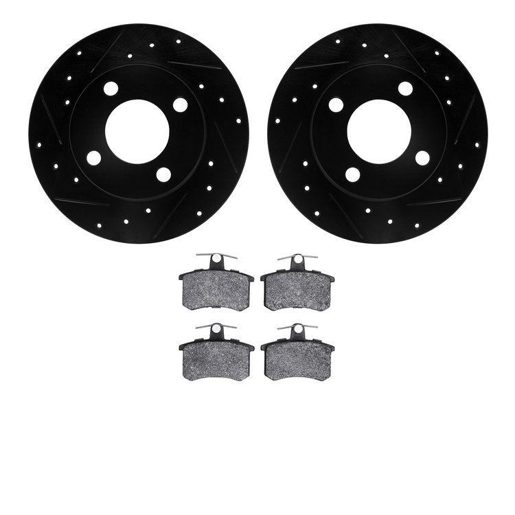 8602-73007 Drilled/Slotted Brake Rotors w/5000 Euro Ceramic Brake Pads Kit [Black], 1984-1995 Audi/Volkswagen, Position: Rear