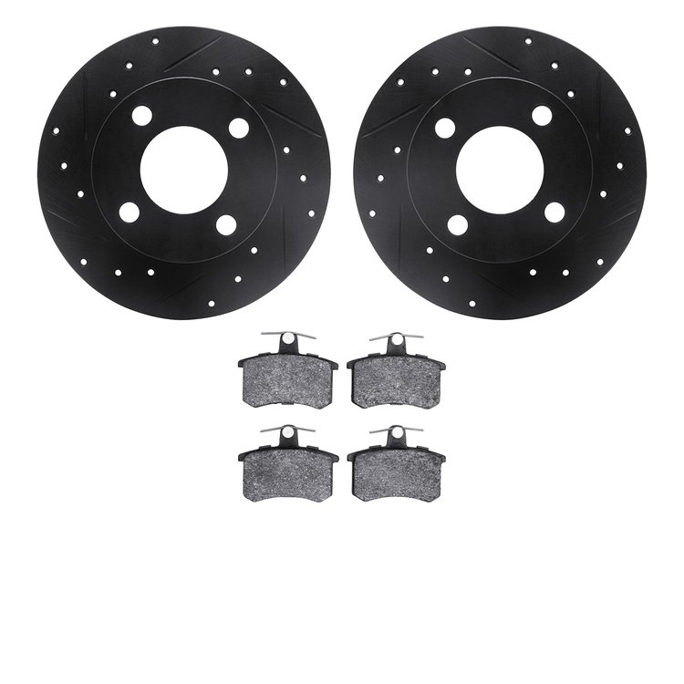 8602-73011 Drilled/Slotted Brake Rotors w/5000 Euro Ceramic Brake Pads Kit [Black], 1989-1991 Audi/Volkswagen, Position: Rear