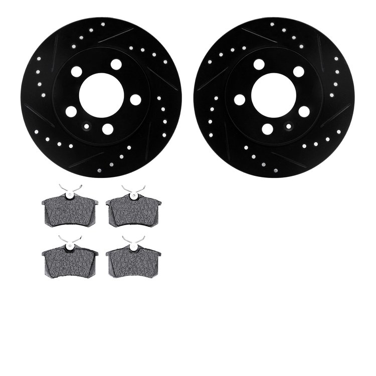 8602-73024 Drilled/Slotted Brake Rotors w/5000 Euro Ceramic Brake Pads Kit [Black], 2001-2006 Audi/Volkswagen, Position: Rear
