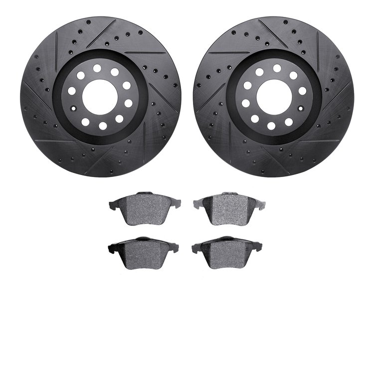 8602-73029 Drilled/Slotted Brake Rotors w/5000 Euro Ceramic Brake Pads Kit [Black], 2001-2005 Audi/Volkswagen, Position: Front