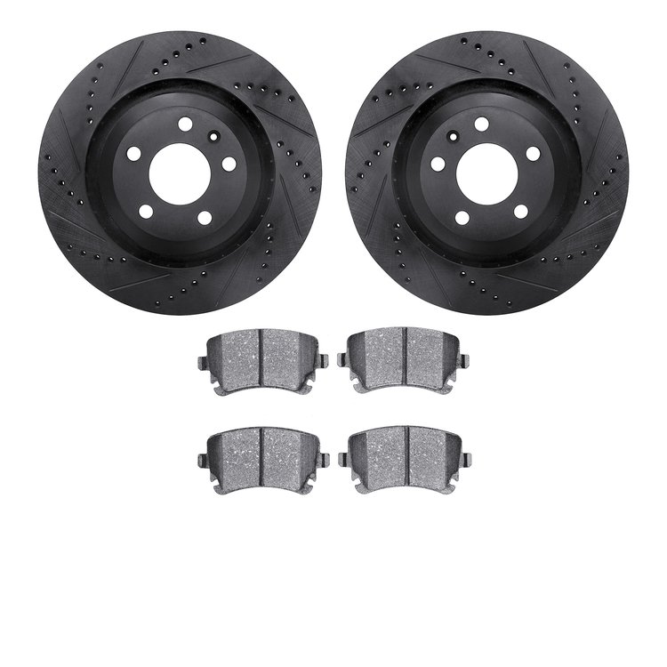 8602-73033 Drilled/Slotted Brake Rotors w/5000 Euro Ceramic Brake Pads Kit [Black], 2005-2011 Audi/Volkswagen, Position: Rear