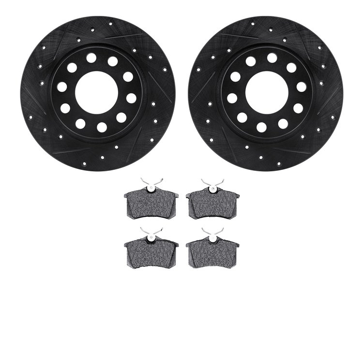 8602-73039 Drilled/Slotted Brake Rotors w/5000 Euro Ceramic Brake Pads Kit [Black], 2000-2008 Audi/Volkswagen, Position: Rear