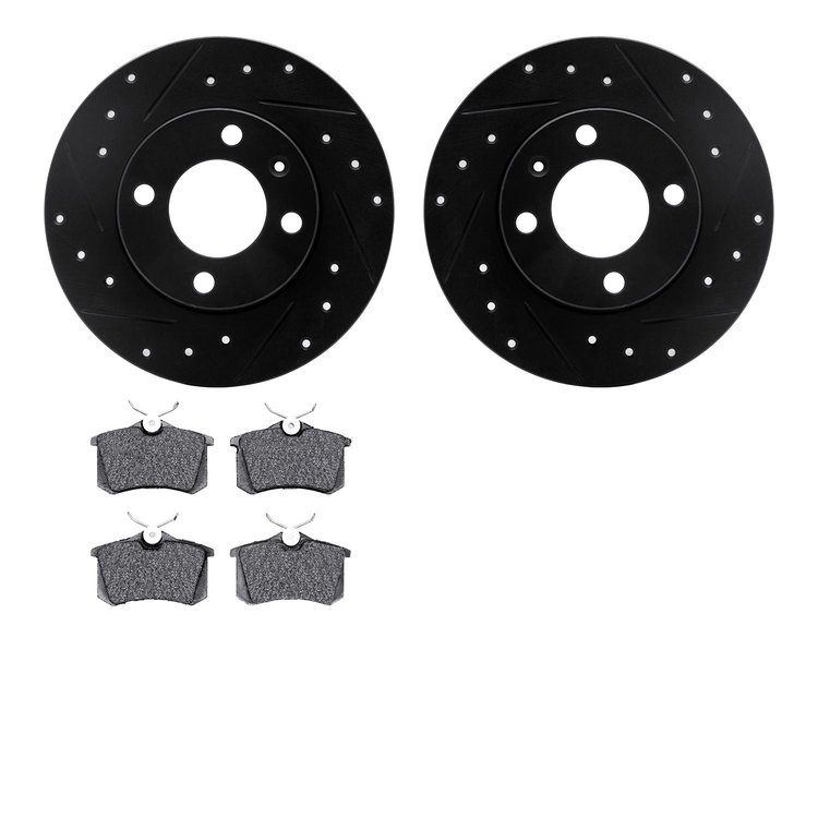 8602-74008 Drilled/Slotted Brake Rotors w/5000 Euro Ceramic Brake Pads Kit [Black], 1986-1993 Audi/Volkswagen, Position: Rear
