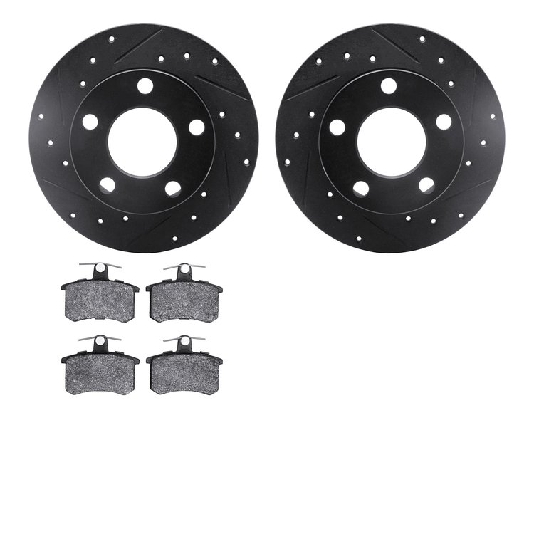 8602-74012 Drilled/Slotted Brake Rotors w/5000 Euro Ceramic Brake Pads Kit [Black], 1992-1998 Audi/Volkswagen, Position: Rear