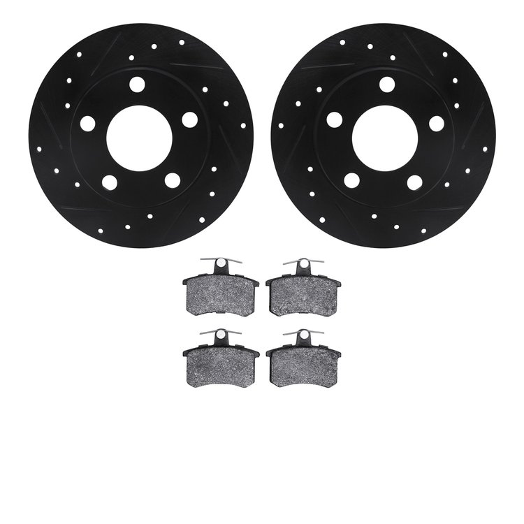 8602-74016 Drilled/Slotted Brake Rotors w/5000 Euro Ceramic Brake Pads Kit [Black], 1996-2001 Audi/Volkswagen, Position: Rear
