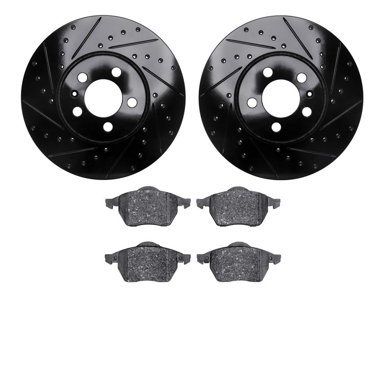 8602-74023 Drilled/Slotted Brake Rotors w/5000 Euro Ceramic Brake Pads Kit [Black], 1998-1999 Audi/Volkswagen, Position: Front