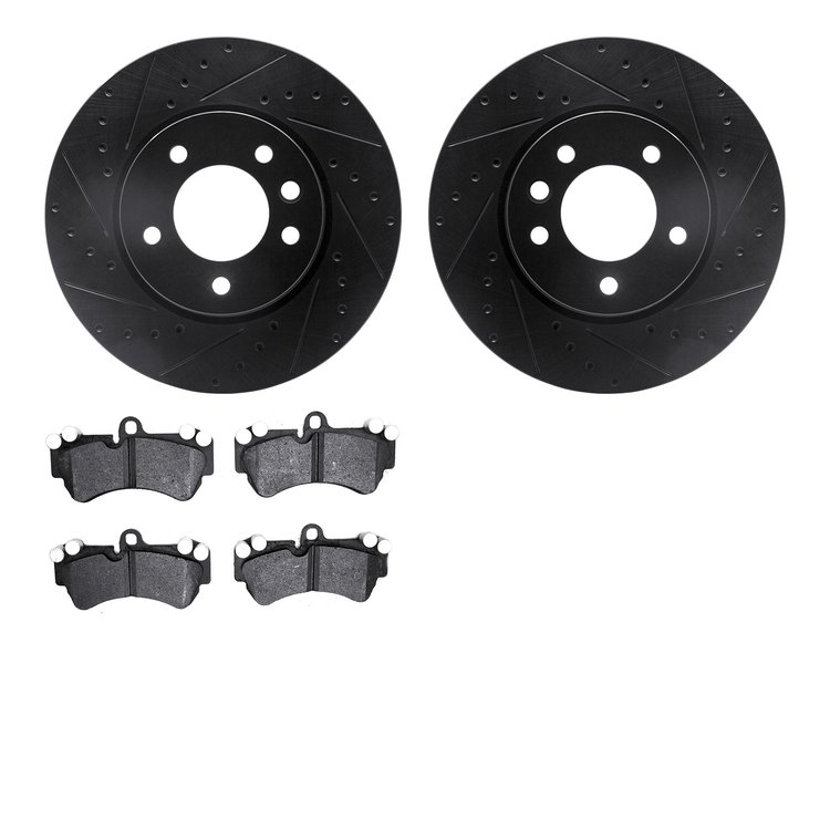 8602-74050 Drilled/Slotted Brake Rotors w/5000 Euro Ceramic Brake Pads Kit [Black], 2003-2010 Multiple Makes/Models, Position: F