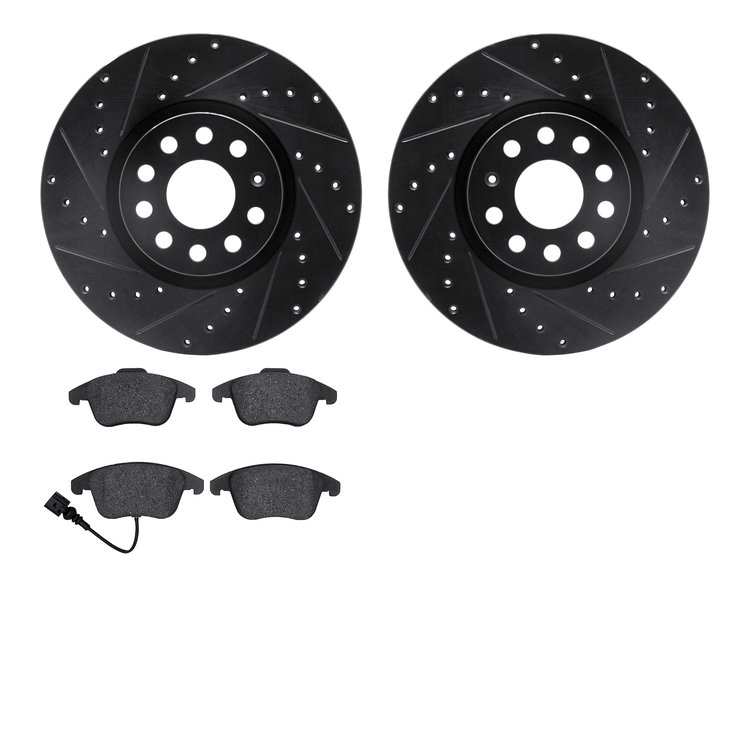 8602-74057 Drilled/Slotted Brake Rotors w/5000 Euro Ceramic Brake Pads Kit [Black], 2009-2020 Audi/Volkswagen, Position: Front