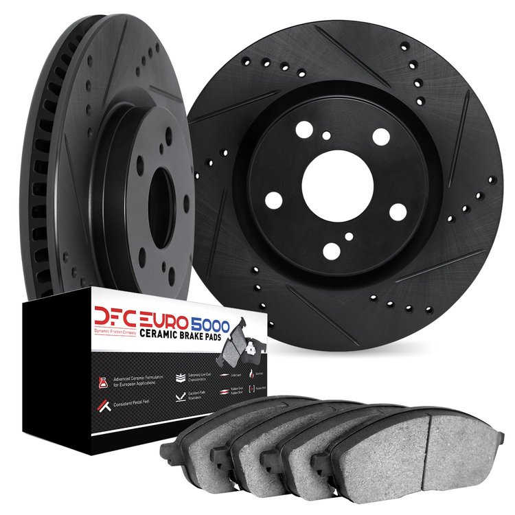 8602-92003 Drilled/Slotted Brake Rotors w/5000 Euro Ceramic Brake Pads Kit [Black], 2006-2007 BMW, Position: Front