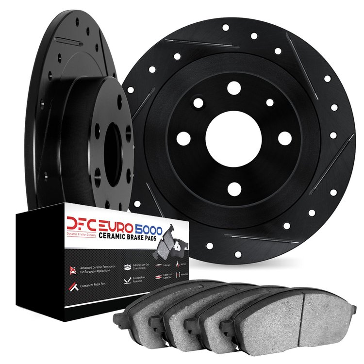8602-92008 Drilled/Slotted Brake Rotors w/5000 Euro Ceramic Brake Pads Kit [Black], 2000-2003 GM, Position: Rear