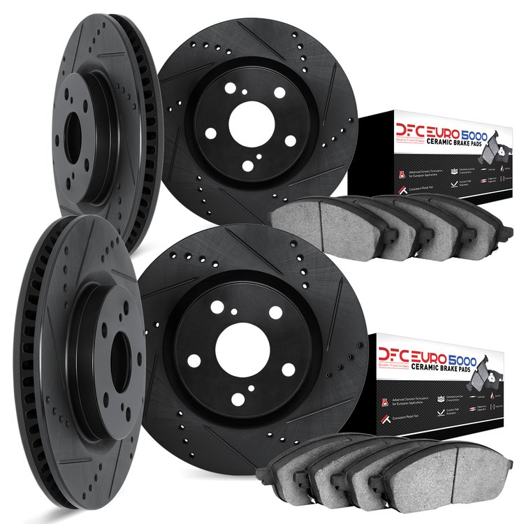 8604-20009 Drilled/Slotted Brake Rotors w/5000 Euro Ceramic Brake Pads Kit [Black], Fits Select Jaguar, Position: Front and Rear