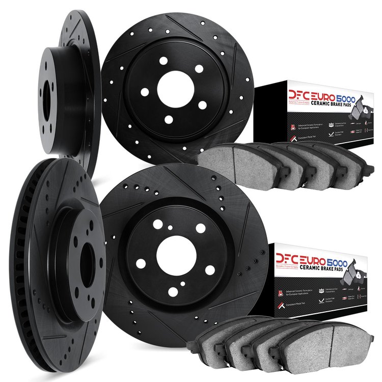 8604-32003 Drilled/Slotted Brake Rotors w/5000 Euro Ceramic Brake Pads Kit [Black], 2016-2019 Mini, Position: Front and Rear