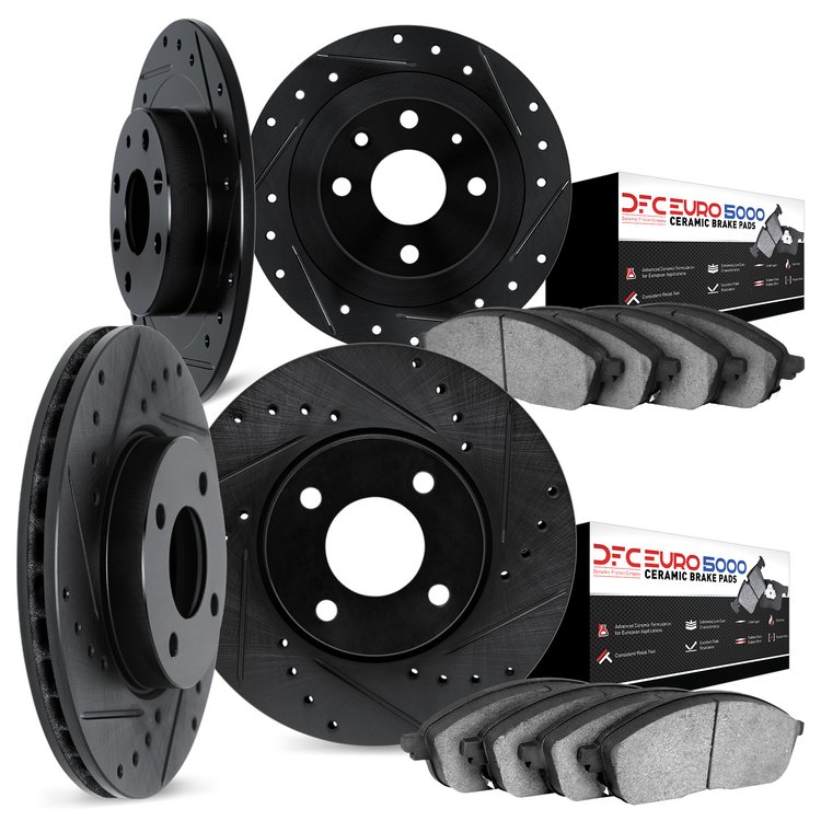 8604-73005 Drilled/Slotted Brake Rotors w/5000 Euro Ceramic Brake Pads Kit [Black], 1990-1991 Audi/Volkswagen, Position: Front a