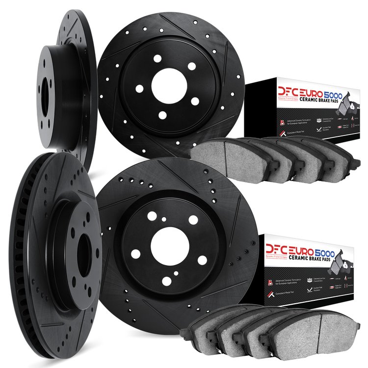 8604-74000 Drilled/Slotted Brake Rotors w/5000 Euro Ceramic Brake Pads Kit [Black], 1998-2015 Audi/Volkswagen, Position: Front a
