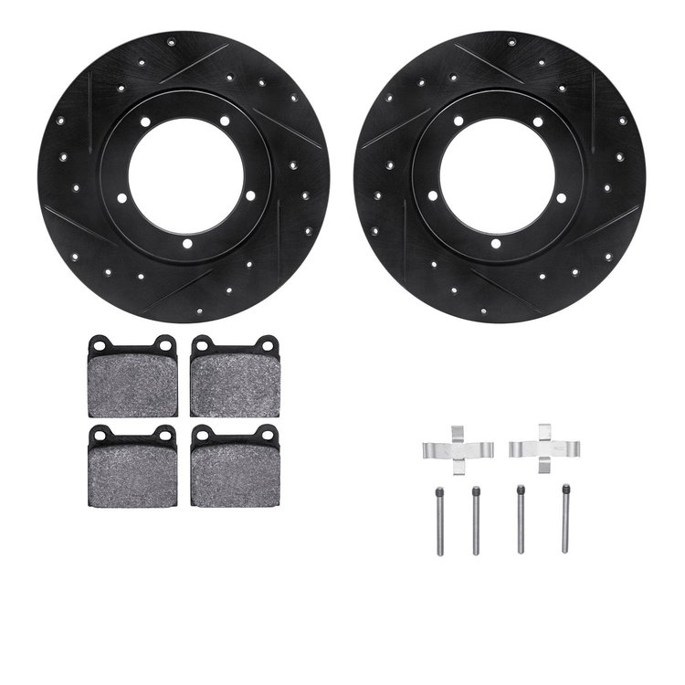 8612-02001 Drilled/Slotted Brake Rotors w/5000 Euro Ceramic Brake Pads Kit & Hardware [Black], 1965-1973 Porsche, Position: Fron