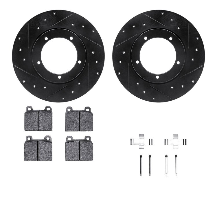 8612-02002 Drilled/Slotted Brake Rotors w/5000 Euro Ceramic Brake Pads Kit & Hardware [Black], 1976-1976 Porsche, Position: Fron