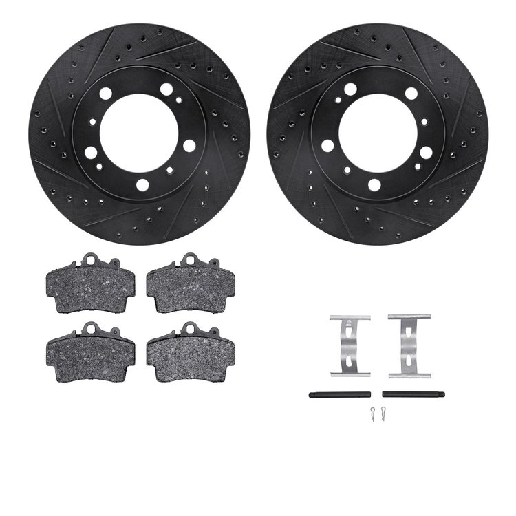 8612-02007 Drilled/Slotted Brake Rotors w/5000 Euro Ceramic Brake Pads Kit & Hardware [Black], 1997-2004 Porsche, Position: Fron
