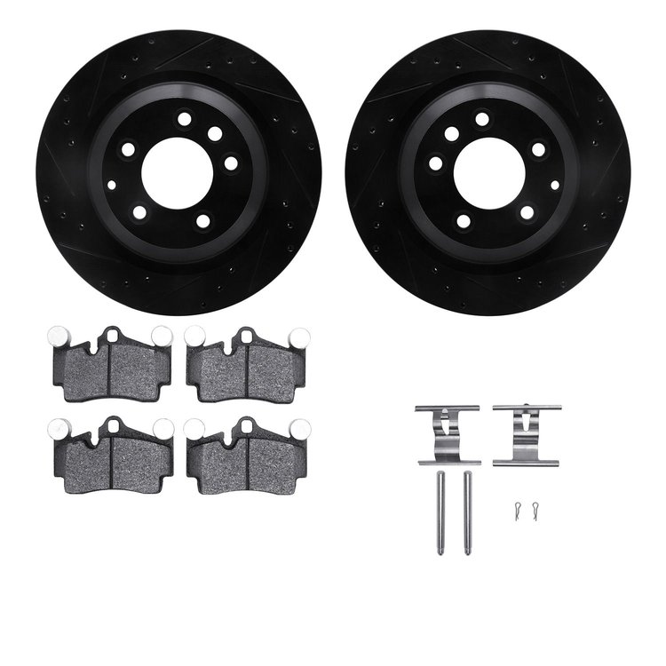 8612-02010 Drilled/Slotted Brake Rotors w/5000 Euro Ceramic Brake Pads Kit & Hardware [Black], 2005-2006 Porsche, Position: Rear